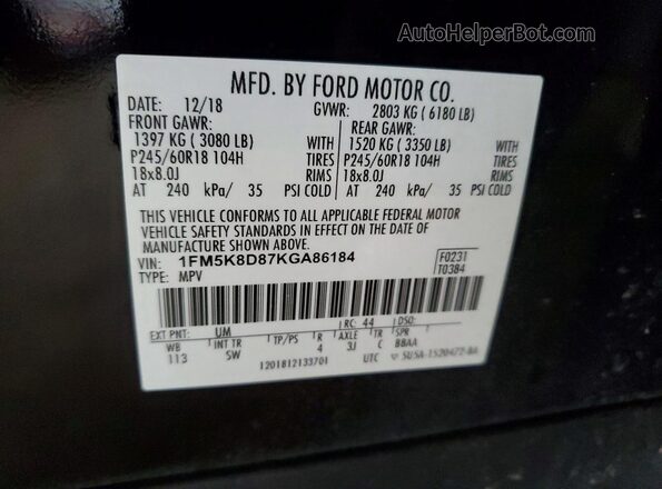 1FM5K8D87KGA86184 2019 FORD EXPLORER Черный 