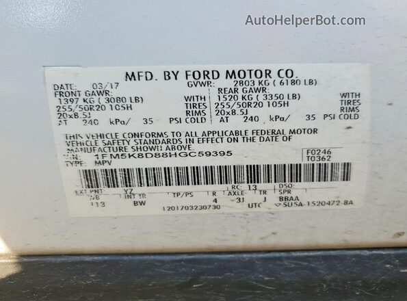 1FM5K8D88HGC59395 2017 FORD EXPLORER White VIN կոդի պիտակի տեսք