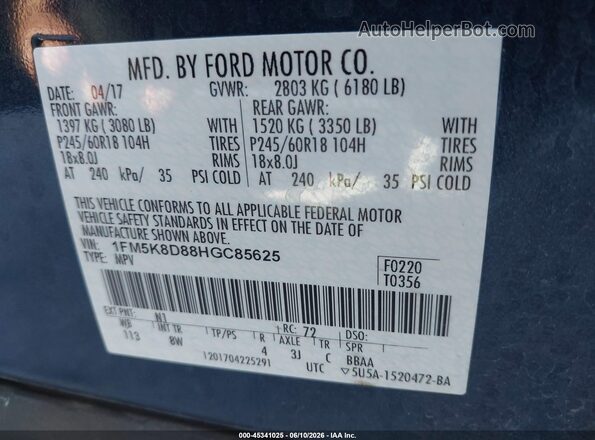 1FM5K8D88HGC85625 2017 FORD EXPLORER Blue 