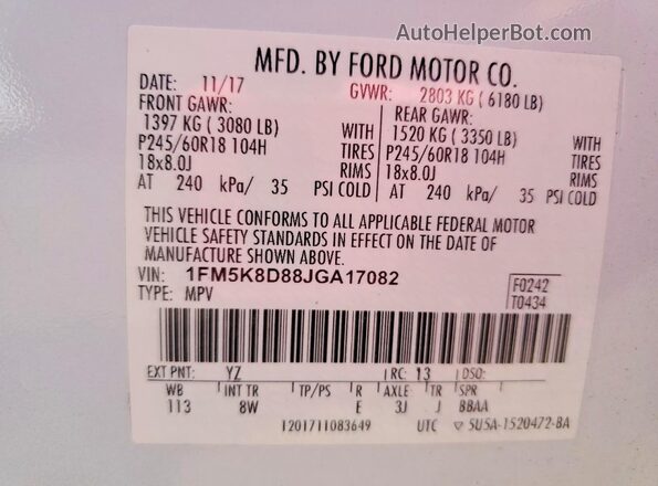 1FM5K8D88JGA17082 2018 FORD EXPLORER White VIN კოდის სტიკერის ხედი