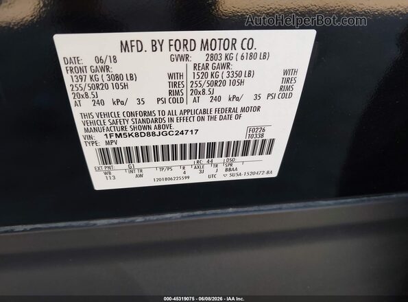 1FM5K8D88JGC24717 2018 FORD EXPLORER Black ძრავის განყოფილების ხედი