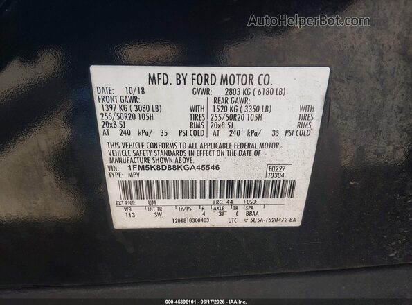 1FM5K8D88KGA45546 2019 FORD EXPLORER Black Engine compartment view