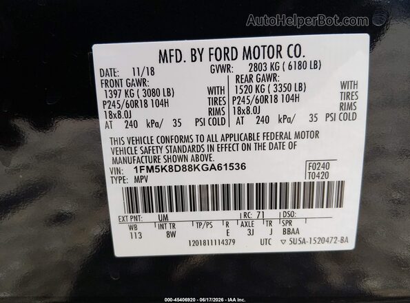 1FM5K8D88KGA61536 2019 FORD EXPLORER Black Widok komory silnika