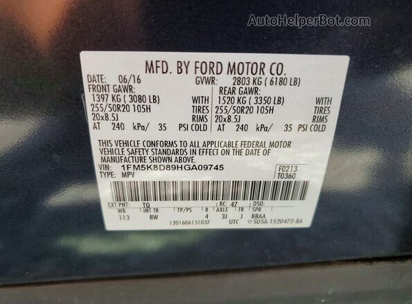 1FM5K8D89HGA09745 2017 FORD EXPLORER Charcoal VIN sticker view