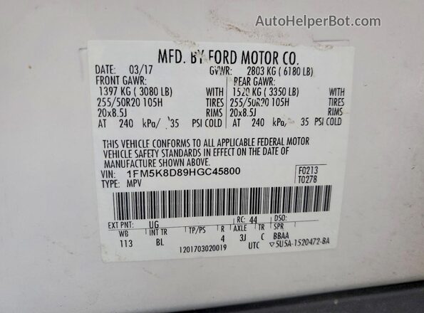 1FM5K8D89HGC45800 2017 FORD EXPLORER White Вид підкапотного простору