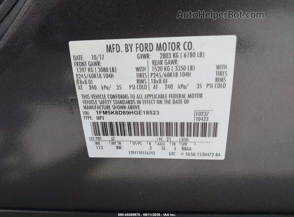 1FM5K8D89HGE18523 2017 FORD EXPLORER Gray Widok komory silnika