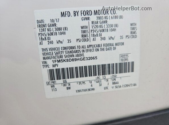 1FM5K8D89HGE32065 2017 FORD EXPLORER White VIN sticker view