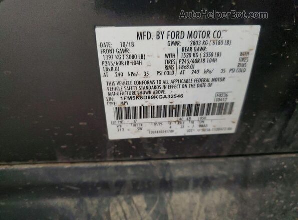 1FM5K8D89KGA32546 2019 FORD EXPLORER Gray VIN կոդի պիտակի տեսք