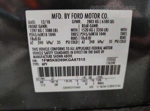 1FM5K8D89KGA87515 2019 FORD EXPLORER Серый 