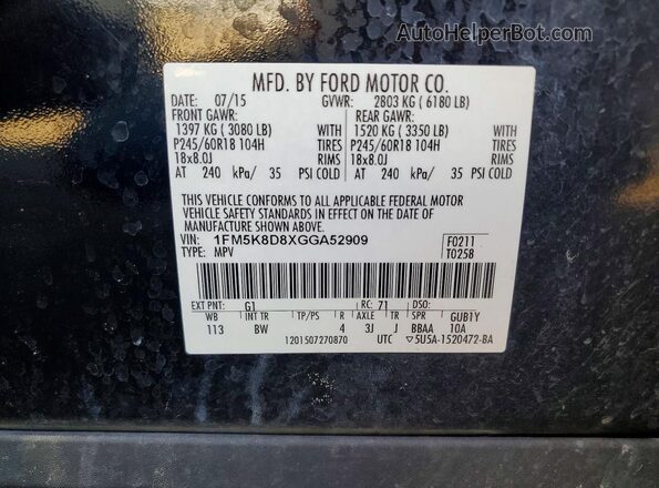 1FM5K8D8XGGA52909 2016 FORD EXPLORER Black Вид наклейки з VIN-кодом