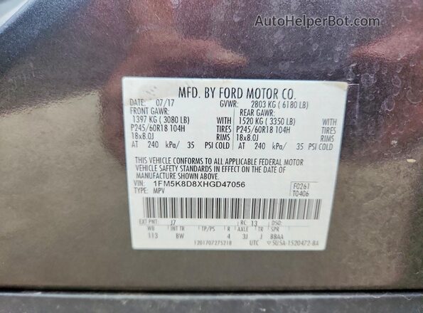 1FM5K8D8XHGD47056 2017 FORD EXPLORER Charcoal VIN sticker view