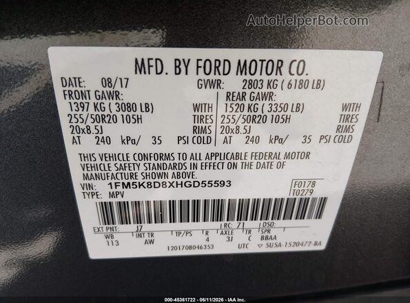 1FM5K8D8XHGD55593 2017 FORD EXPLORER Gray Շարժիչի բաժամունքի տեսք