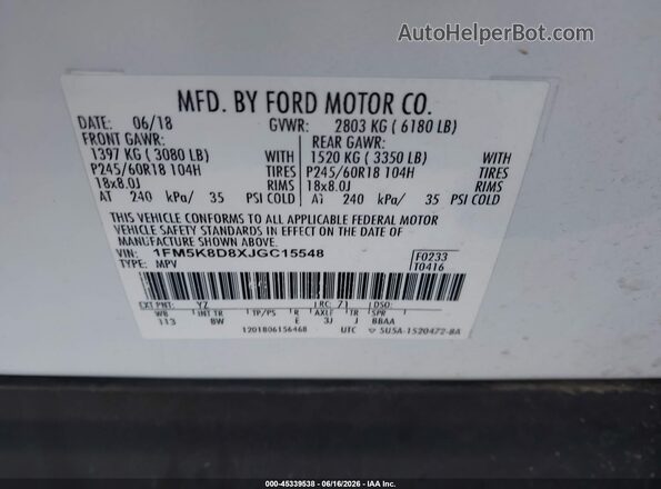 1FM5K8D8XJGC15548 2018 FORD EXPLORER White ძრავის განყოფილების ხედი