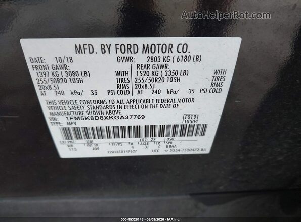 1FM5K8D8XKGA37769 2019 FORD EXPLORER Black ძრავის განყოფილების ხედი