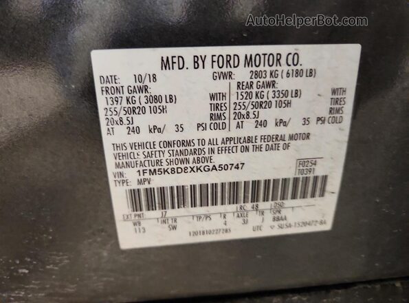 1FM5K8D8XKGA50747 2019 FORD EXPLORER Gray 