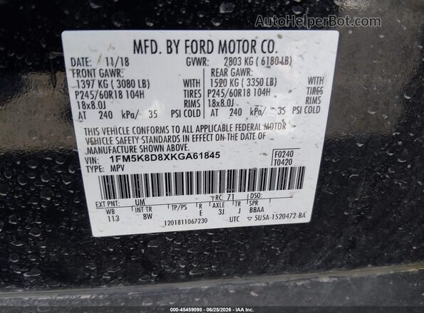 1FM5K8D8XKGA61845 2019 FORD EXPLORER Black Widok komory silnika