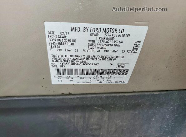1FM5K8DH0HGC09347 2017 FORD EXPLORER Tan VIN კოდის სტიკერის ხედი