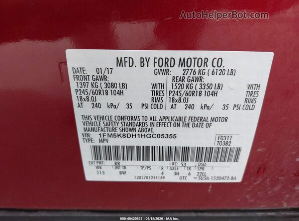 1FM5K8DH1HGC05355 2017 FORD EXPLORER Red Вид підкапотного простору
