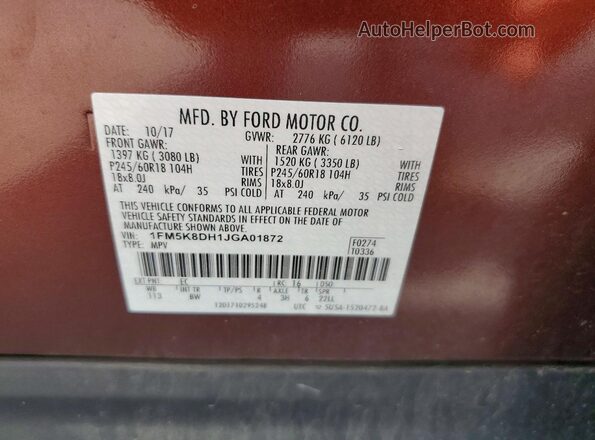 1FM5K8DH1JGA01872 2018 FORD EXPLORER Red 