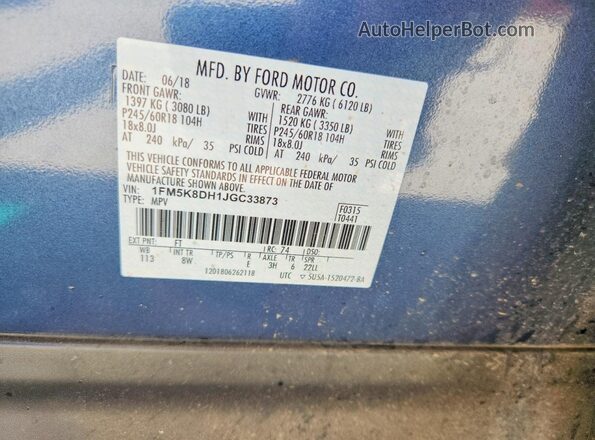 1FM5K8DH1JGC33873 2018 FORD EXPLORER Blue VIN sticker view