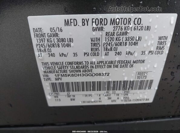 1FM5K8DH3GGD08372 2016 FORD EXPLORER Gray Vista del compartimento del motor