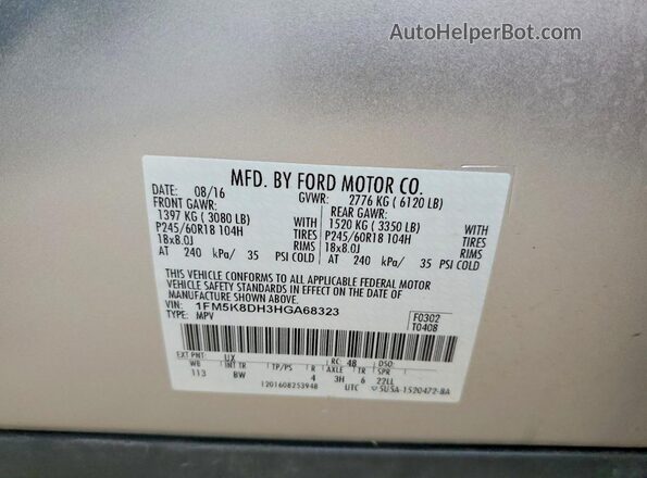 1FM5K8DH3HGA68323 2017 FORD EXPLORER Silver VIN sticker view
