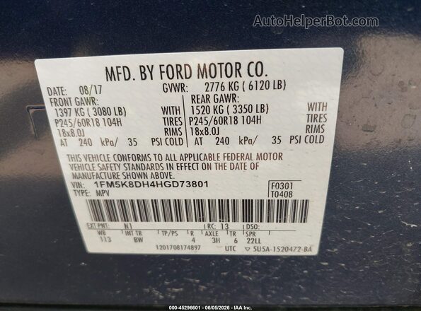 1FM5K8DH4HGD73801 2017 FORD EXPLORER Blue Շարժիչի բաժամունքի տեսք
