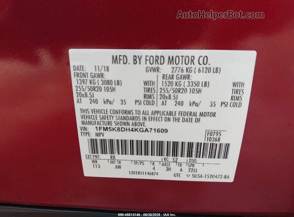 1FM5K8DH4KGA71609 2019 FORD EXPLORER Red Vista del compartimento del motor