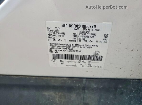 1FM5K8DH5GGD25092 2016 FORD EXPLORER White VIN կոդի պիտակի տեսք