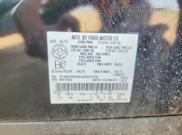 1FM5K8DH6GGA21124 2016 FORD EXPLORER Black Vista de la etiqueta del VIN