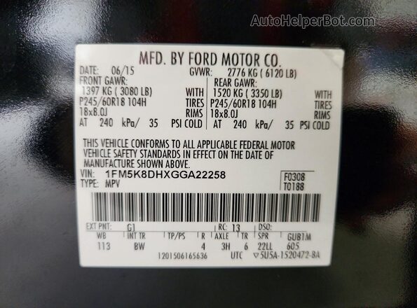 1FM5K8DHXGGA22258 2016 FORD EXPLORER Black Vista de la etiqueta del VIN
