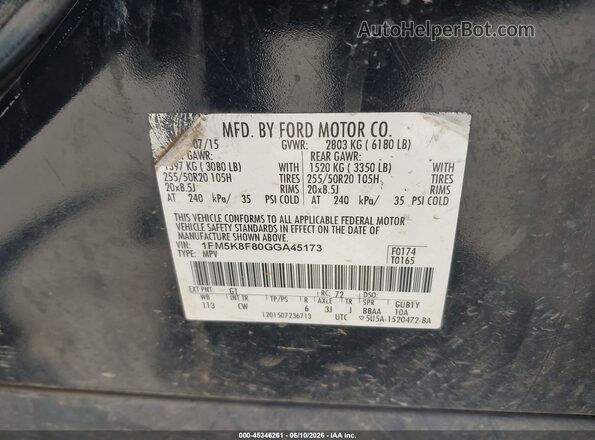 1FM5K8F80GGA45173 2016 FORD EXPLORER Black Engine compartment view
