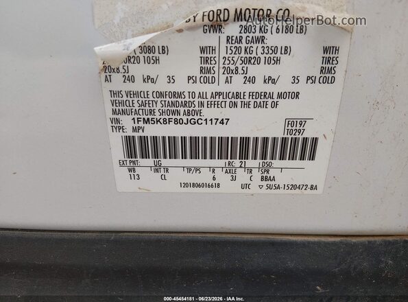 1FM5K8F80JGC11747 2018 FORD EXPLORER White Շարժիչի բաժամունքի տեսք