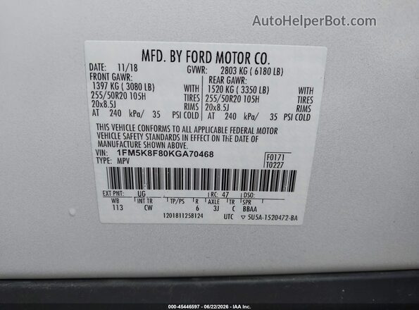1FM5K8F80KGA70468 2019 FORD EXPLORER White ძრავის განყოფილების ხედი