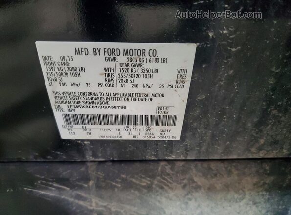 1FM5K8F81GGA98786 2016 FORD EXPLORER Black VIN კოდის სტიკერის ხედი