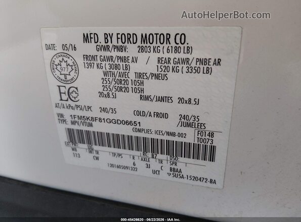 1FM5K8F81GGD06651 2016 FORD EXPLORER White Vista del compartimento del motor