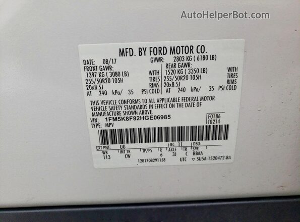 1FM5K8F82HGE06985 2017 FORD EXPLORER White 