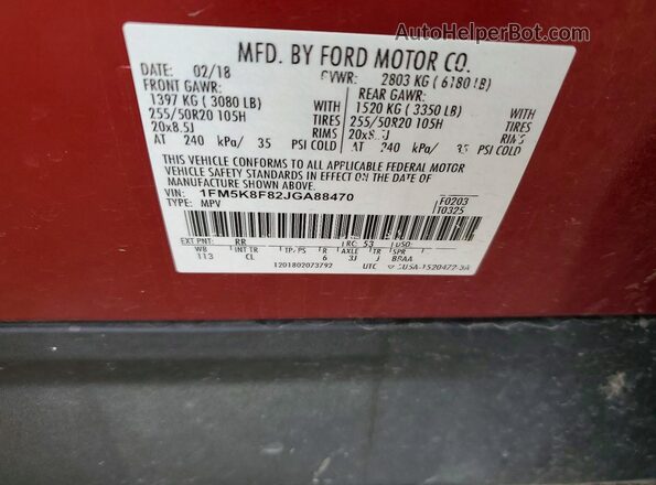 1FM5K8F82JGA88470 2018 FORD EXPLORER Maroon Widok naklejki z numerem VIN