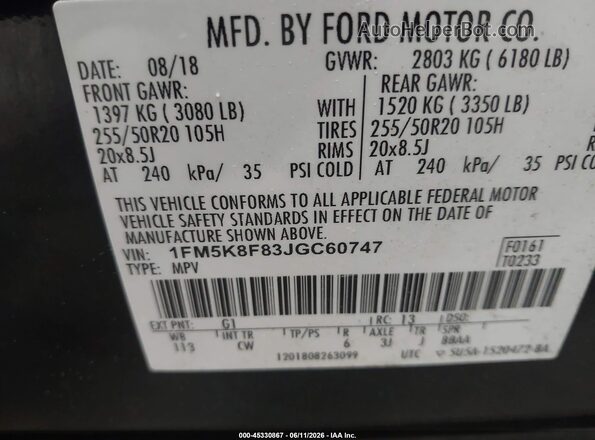 1FM5K8F83JGC60747 2018 FORD EXPLORER Black 
