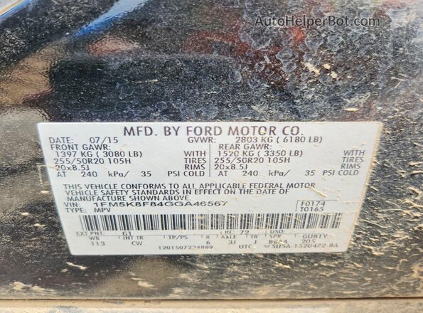 1FM5K8F84GGA46567 2016 FORD EXPLORER Black Widok naklejki z numerem VIN
