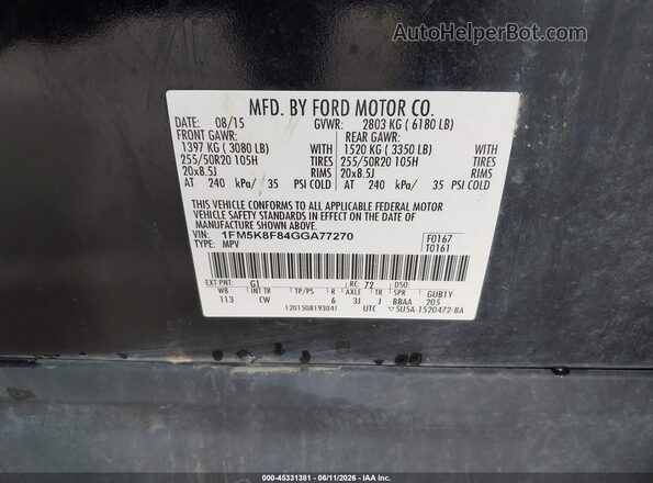 1FM5K8F84GGA77270 2016 FORD EXPLORER Black Вид підкапотного простору