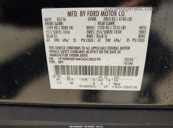 1FM5K8F84GGC50219 2016 FORD EXPLORER Black 