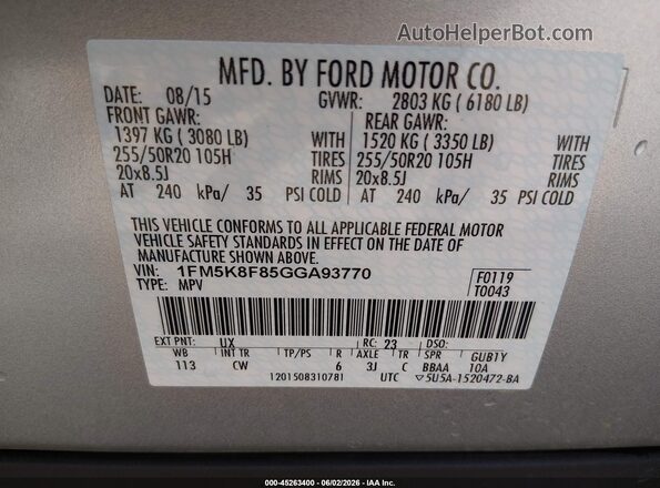 1FM5K8F85GGA93770 2016 FORD EXPLORER Silver Vista del compartimento del motor