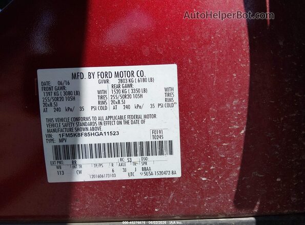 1FM5K8F85HGA11523 2017 FORD EXPLORER Burgundy Widok komory silnika
