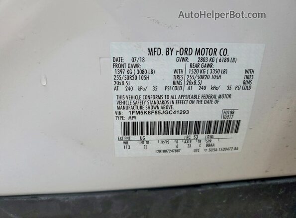 1FM5K8F85JGC41293 2018 FORD EXPLORER White Вид наклейки з VIN-кодом
