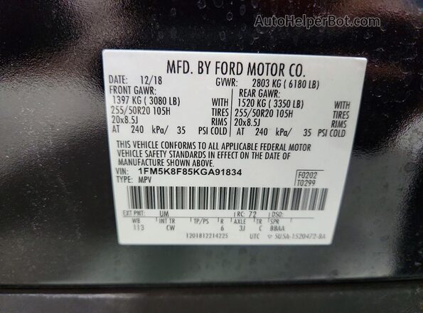 1FM5K8F85KGA91834 2019 FORD EXPLORER Black VIN sticker view