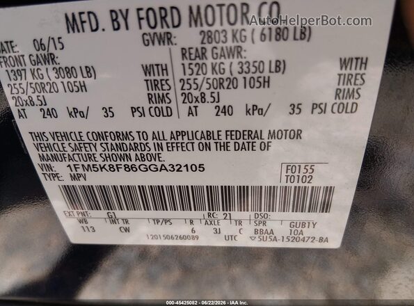 1FM5K8F86GGA32105 2016 FORD EXPLORER Черный Вид подкапотного пространства