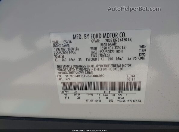1FM5K8F87GGD08260 2016 FORD EXPLORER White ძრავის განყოფილების ხედი