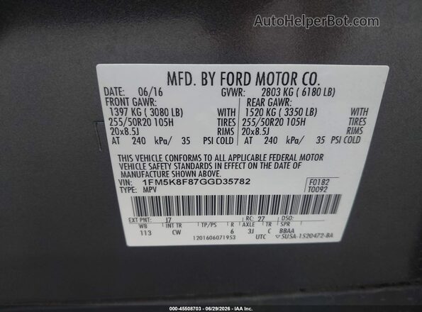 1FM5K8F87GGD35782 2016 FORD EXPLORER Gray Вид підкапотного простору