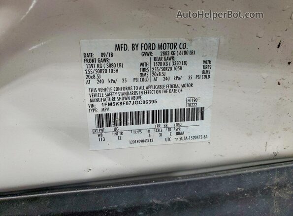 1FM5K8F87JGC86395 2018 FORD EXPLORER Белый Панорамный вид салона 360°